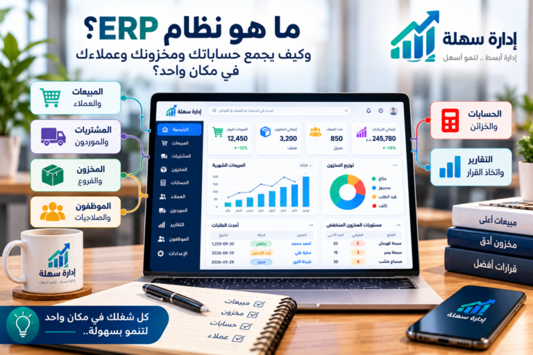 نظام ERP متكامل يربط المبيعات والمخزون والحسابات والعملاء داخل إدارة سهلة