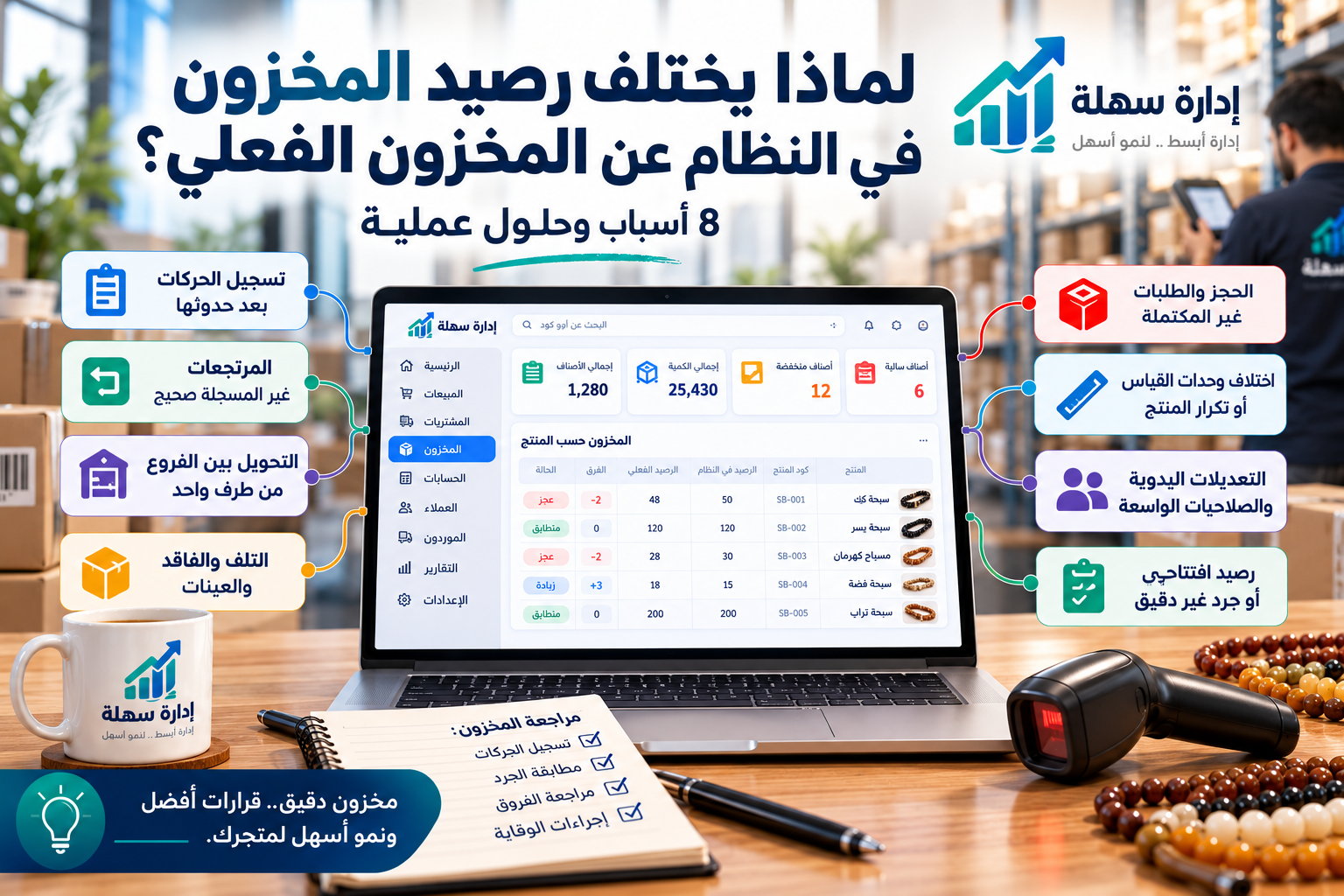 أسباب اختلاف رصيد المخزون الفعلي عن النظام وطرق تحسين دقة الجرد باستخدام إدارة سهلة